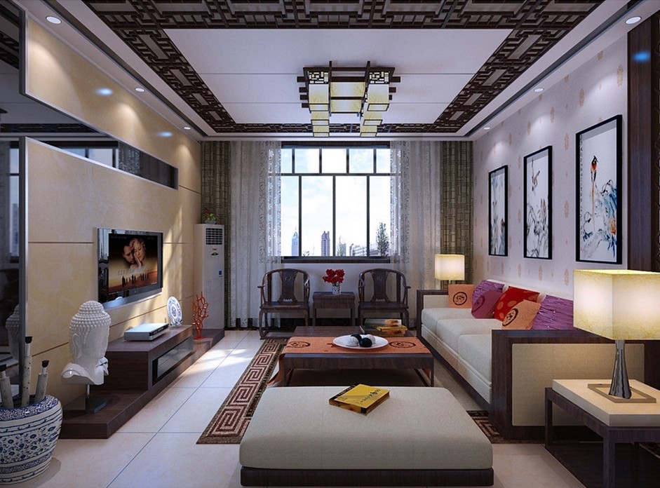 Chinese Style Living Room Design With Classical Ceiling