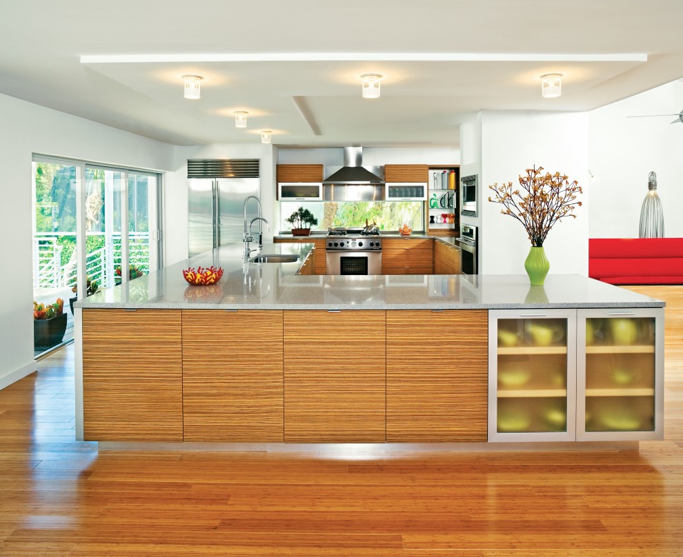 Modern Bright Kitchen Design With Sleek Bamboo Kitchen Cabinets