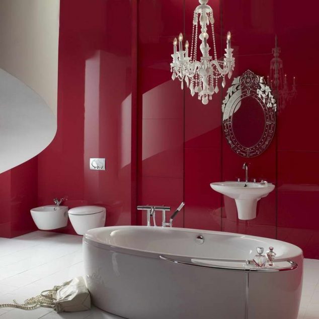 glamorous red paint ideas for large bathroom design idea plus freestanding tub and wall mount bidet toilet and washbasin also white crystal chandelier as well as elegant mirror 634x634 12 Red Accent Bathroom Ideas To Fall In Love With