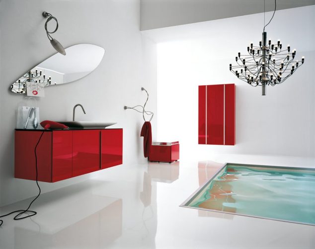white red bathroom floor tub 634x502 12 Red Accent Bathroom Ideas To Fall In Love With