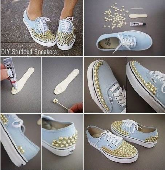DIY Studded Sneakers 718x738 634x651 Interesting and Easy to make DIY Shoe Projects