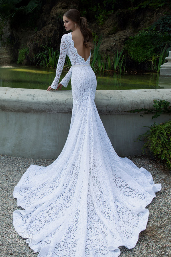 berta 2014 bridal collection long sleeve lace wedding dress back train Berta Weeding Dress Collection   Winter 2014