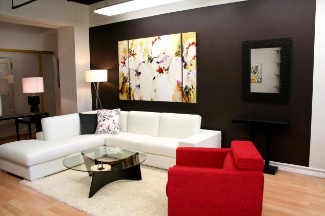 Awesome Luxury & Classic Living Room Design Ideas Living Room Decor With White Sectional Sofa and Red Chair Black Wall With Art Decal Large Wall Decor Ideas For Stylish Living Room Design 634x422 Awesome Luxury & Classic Living Room Design Ideas