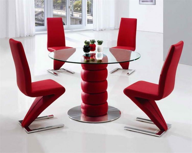 16 Stylish Dining Tables For Your Home Contemporary Round Glass Dining Table with red seats 634x506 16 Stylish Dining Tables For Your Home