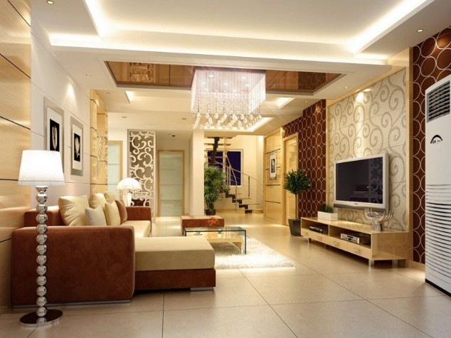 luxury POP false ceiling design ideas for living room interior with flat screen TV idea 634x475 16 Impressive Living Room Ceiling Designs You Need To See