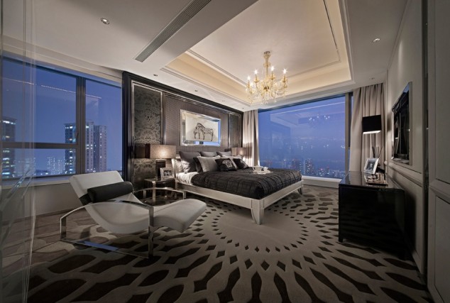 Impressive Bedroom Ceiling Designs That Will Leave You Without Words luxury master bedroom idea with attractive flooring pattern feats italian chandelier and white leather relax chair 634x427 Impressive Bedroom Ceiling Designs That Will Leave You Without Words