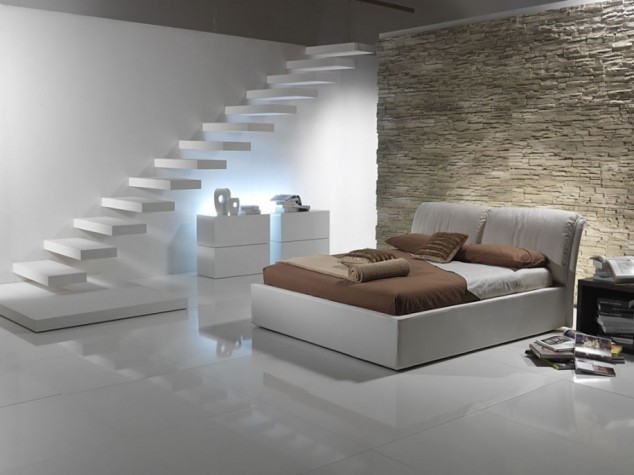 pleasing white lighting also bedroom interiors on ceramic floor plus floating staircase plus brick wall accent 634x475 14 The Most Cool Floating Staircase Designs For Your Home