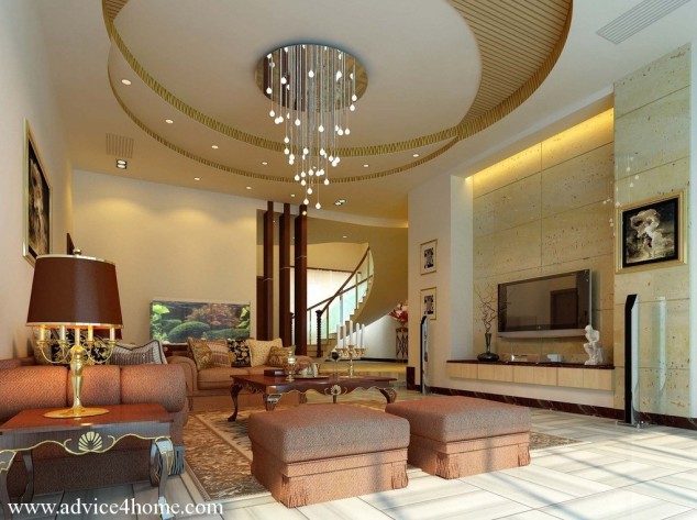 white brown round POP ceiling design in living room1 634x473 16 Impressive Living Room Ceiling Designs You Need To See