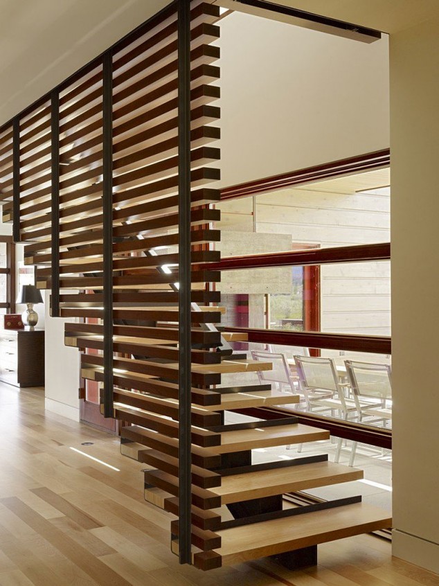 14 The Most Cool Floating Staircase Designs For Your Home wooden staircase with wood wall cladding railings residence design ideas 634x846 14 The Most Cool Floating Staircase Designs For Your Home