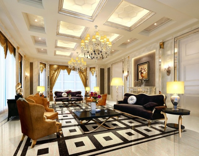 Living room ceiling and floor interior design European style 634x498 Fascinating European Living Room Ceiling Design