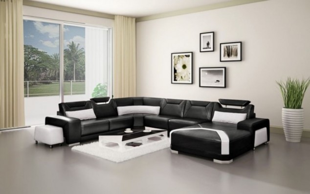 accessories furniture interior designs living rooms glamorous living rooms with black and white color leather furniture featuring modern end table combine with feather fur rug areas unusual liv 700x439 634x398 16 Leather Sofas for Modern Living Room Design