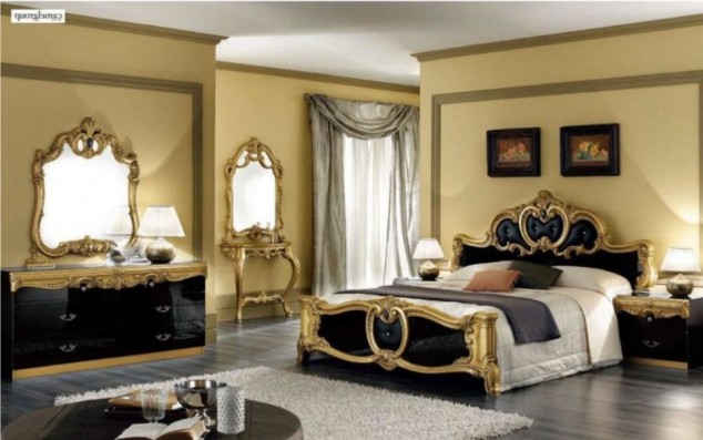 classic decorating bedroom ideas with gold black bed frame and vintage dresser as well gray curtain window as well white fur rug on wooden floor 970x608 634x397 15 Incredibly Modern and Glamour Bedrooms You Will Want To Have Immediately