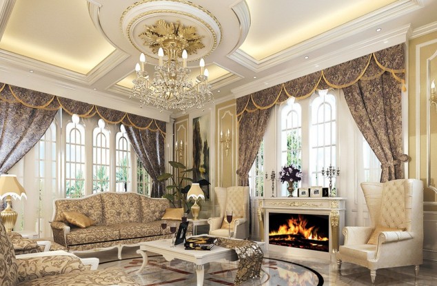 divine luxury pop false ceiling decoration for luxury living room ideas with classic furniture and gas fireplace also soft lighting 634x415 Fascinating European Living Room Ceiling Design