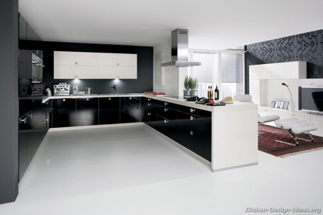 kitchen cabinets modern two tone 213 A160a black white peninsula steel hood favorite 634x422 15 Fascinating Modern Kitchen Designs That You Would Love to Copy