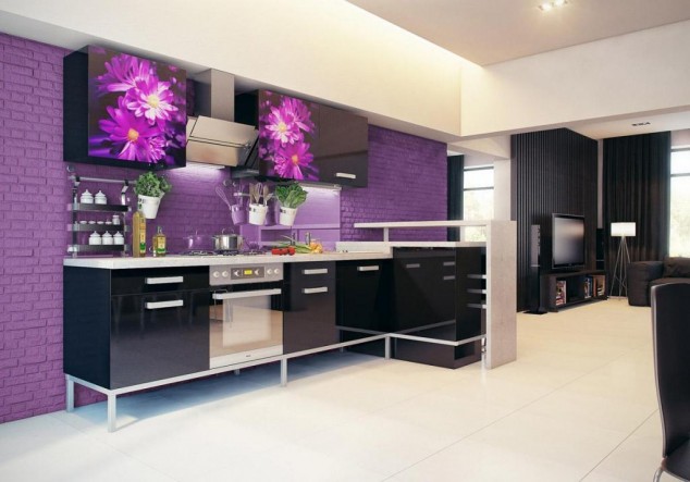 Wonderful dream kitchen design with floral wallpaper black cabinet as well purple stone wall kitchen also black glossy backsplash and white tile floor 634x443 Stunningly Beautiful Purple Kitchen Designs