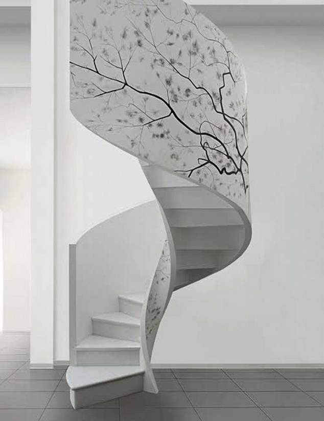 Artwork enlivens the white spiral staircase 634x824 16 Unique & Creative Staircase Designs That Will Leave You Speechless