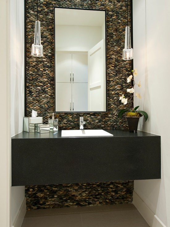 Contemporary And Modern Powder Room Pebble Wall Rock Panel In The Background 20 Creative Ideas Adding River Rocks For A Beautifully Decorated Home