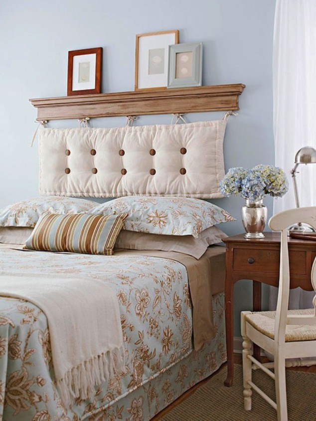 rustic bedroom chair and blue wall color feat simple tufted headboard pillow plus shelf decor idea 634x845 19 Cool And Unique Headboard Designs