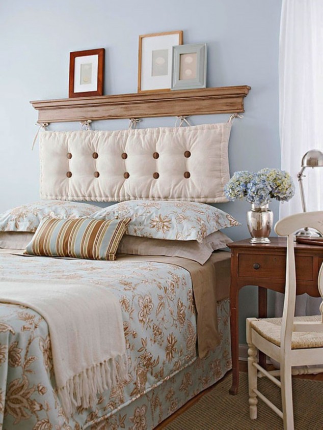 19 Cool And Unique Headboard Designs rustic bedroom chair and blue wall color feat simple tufted headboard pillow plus shelf decor idea 634x845 19 Cool And Unique Headboard Designs