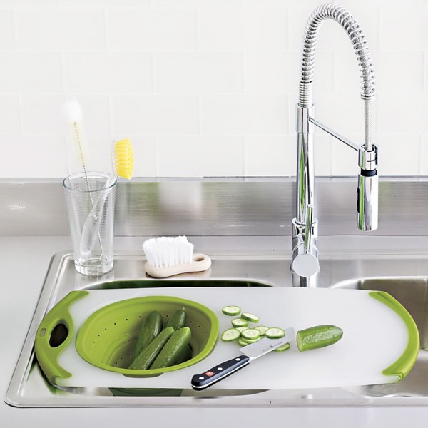 core bamboo corner grip over the sink cutting board with colander 1 25 Cool Kitchen Gadgets You Never Knew You Needed