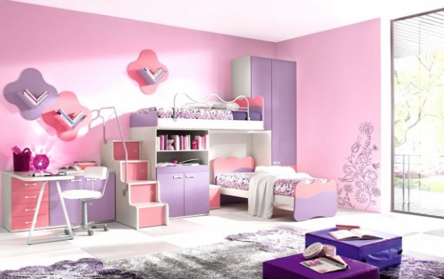 Beautiful Wall Art inside Wide Bedroom with Pink and Purple Kids Furniture on Grey Carpet and White Tile Flooring 657x413 634x399 21 Of The Most Magical Kids Bedroom Design Ideas