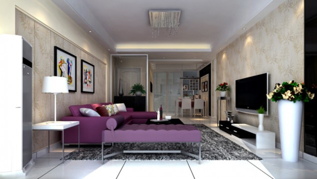 Modern living room purple couch 634x358 16 Stunning Purple Living Room Design Ideas