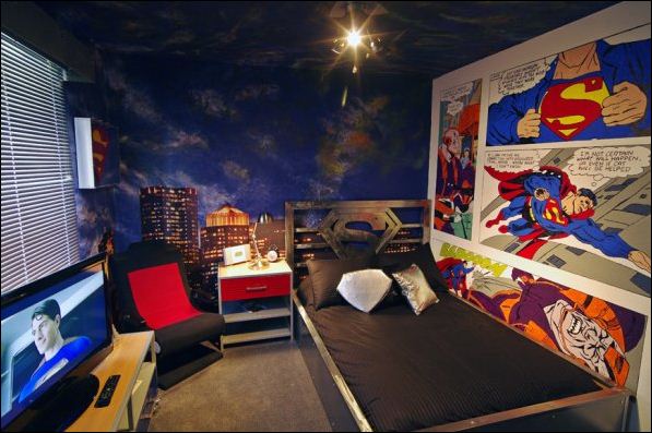beautiful superman lover bedrooms decorated with superman comic strip as wall art and equipped with modern flat screen tv plus elegant bed sets 035 21 Of The Most Magical Kids Bedroom Design Ideas