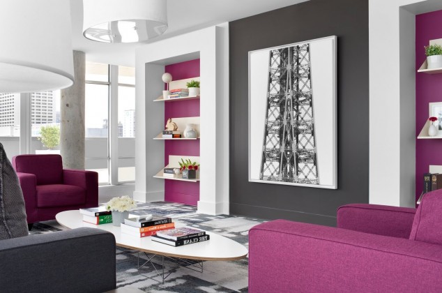 fantastic exclusive living room with purple shelves 1 634x420 16 Stunning Purple Living Room Design Ideas