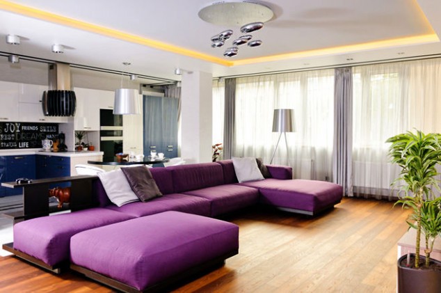 16 Stunning Purple Living Room Design Ideas tvorcheskaya smes tsvetov v dizajne kvartiry dlya molodoj pary5 634x421 16 Stunning Purple Living Room Design Ideas
