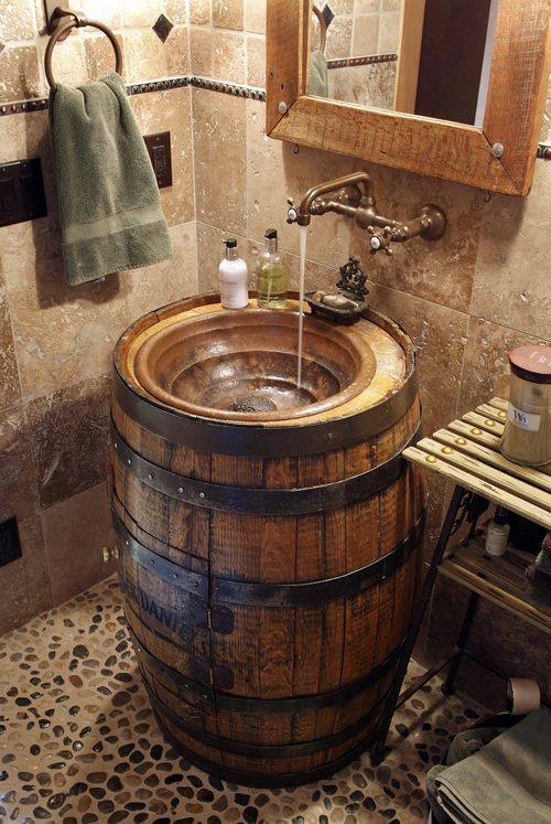 Old barrel stylish and functional sink I love the rustic look and earth tones of this room. Recycle Old Stuff To Make Small DIY Bathroom Vanities That Are Big On Style