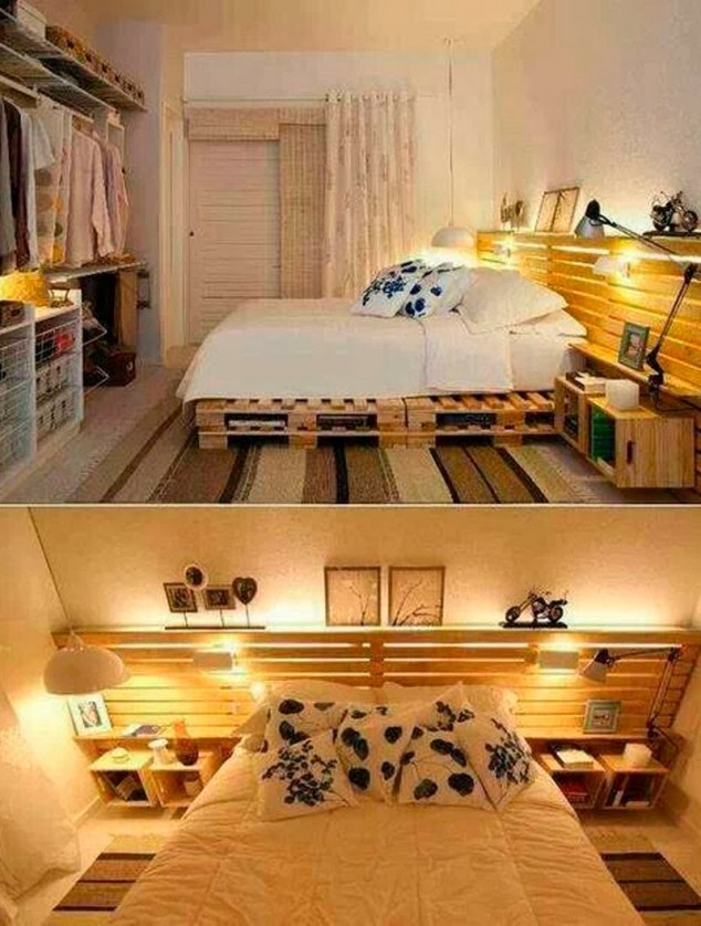 15 Of The Most Creative Ways How To Reuse Old Pallets Wonderful Pallet Bed Designs With white bed and wooden nightstand and small desk lamp design 634x838 15 Of The Most Creative Ways How To Reuse Old Pallets