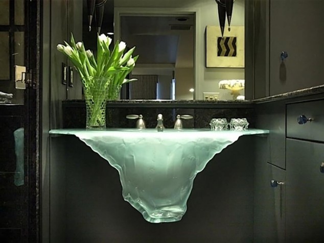 extraordinary glass bathroom sink waterfal effect contemporary bathroom furniture 1 634x476 18 Gracious Sinks It Would Be An Honor To Wash Your Hands Inside