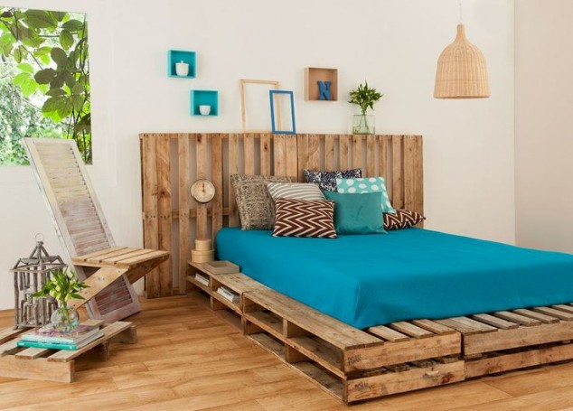 reuse pallet bed frame upcyling bedroom design cheap materials pillows diy decoration 634x455 16 The Most Creative Ways To Recycle Wooden Pallet