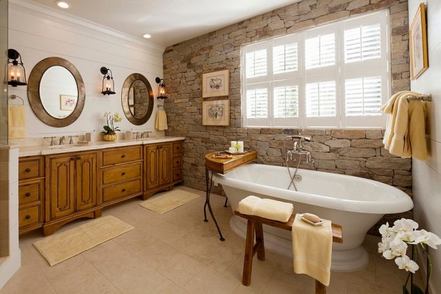 A wonderful blend of modern and traditional styles in the bathroom with stone wall 634x423 16 Extraordinary Rustic Bathroom Design Ideas