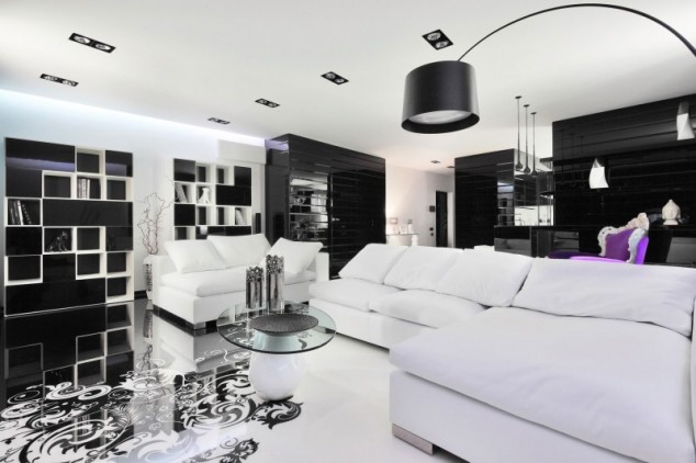 Amazing black and white living room with lone purple chair in the backdrop 634x422 15 Everlasting Black And White Combination Ideas For The Living Room