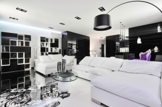 15 Everlasting Black And White Combination Ideas For The Living Room Amazing black and white living room with lone purple chair in the backdrop 634x422 15 Everlasting Black And White Combination Ideas For The Living Room