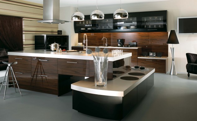 Modern Style Luxury Kitchen Design With Brown Laminated Wooden Kitchen Island With White Marble Top Also Stainless Modern Bar Stool Plus Chrome Modern Pendant Lamp And Gray Laminated Floor 634x390 15 Stylish Modern Kitchen Designs That Will Fascinate You