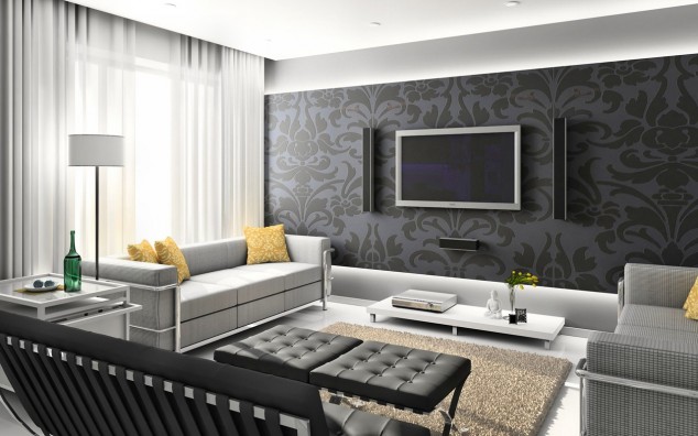 15 Everlasting Black And White Combination Ideas For The Living Room contemporary black white living room interior design with decorative wallpaper and mounting flat television 634x396 15 Everlasting Black And White Combination Ideas For The Living Room