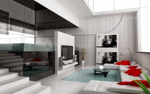 15 Everlasting Black And White Combination Ideas For The Living Room contemporary black white living room interior designing ideas with white classy sofa equipped with red cushions 634x396 15 Everlasting Black And White Combination Ideas For The Living Room