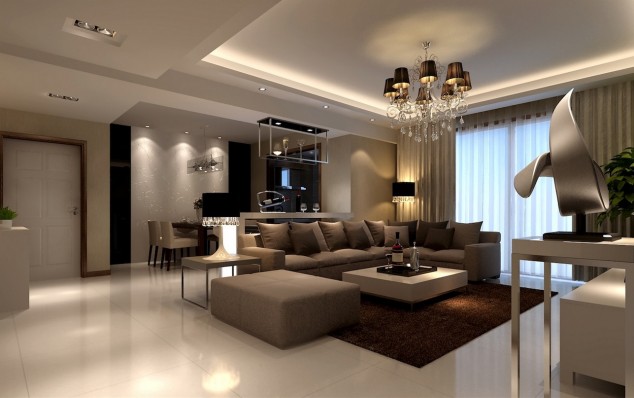 interior living room classy modern lighting living room design with l shaped brown fabric sofa using track arm includes lovely fabric pillows also rec 634x398 16 Admirable Suspended Ceiling Designs To Create An Enviable First Impression