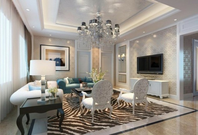 16 Admirable Suspended Ceiling Designs To Create An Enviable First Impression plafond suspendu decoratif salon spots led lustre papier peint argent 634x434 16 Admirable Suspended Ceiling Designs To Create An Enviable First Impression