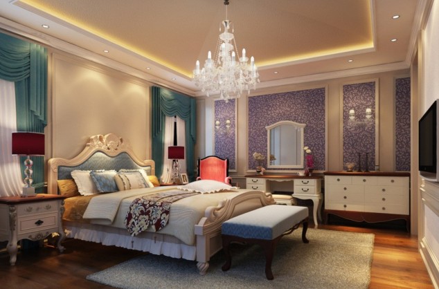 Bedroom interior curtain wall 634x418 15 Elegant Crystal Chandeliers That Will Take Your Bedroom From Average To Amorous