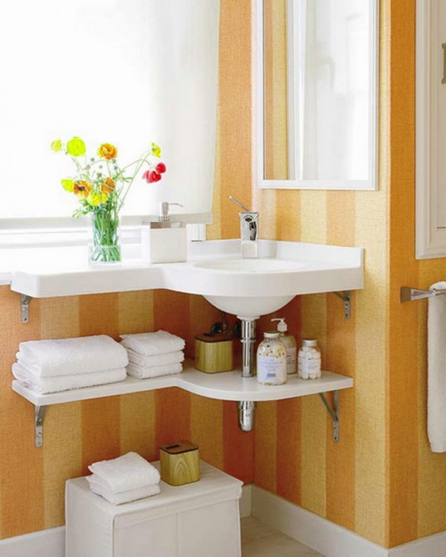 16 Inspirational Bathroom Storage Ideas That Combine Functionality With Creativity Charming Bathroom Design with Corner Wall Mounted Bathroom Storage and Brown Striped Wall Decoration Ideas 915x1143 634x792 16 Inspirational Bathroom Storage Ideas That Combine Functionality With Creativity
