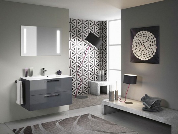 Gray bathroom black and white pattern 12 Striking Rugs That Will Embellish Your Bathroom