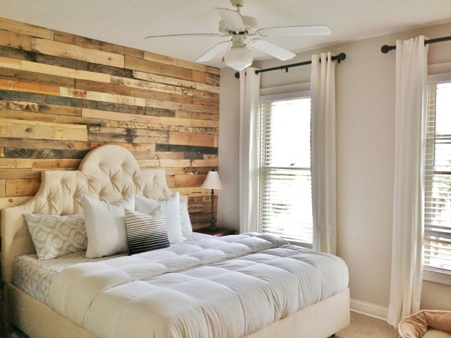 King bedroom with reclaimed wood accent wall memory foam mattress ceiling fan 634x476 17 Admirable Room Makeovers With Wood Accent Walls