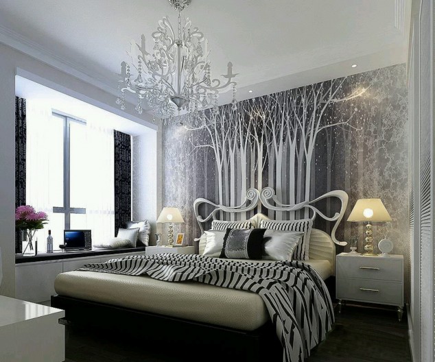 awesome bedroom design with winter theme on wall decal and white crystal chandelier above black and white striped bedding 634x528 15 Elegant Crystal Chandeliers That Will Take Your Bedroom From Average To Amorous