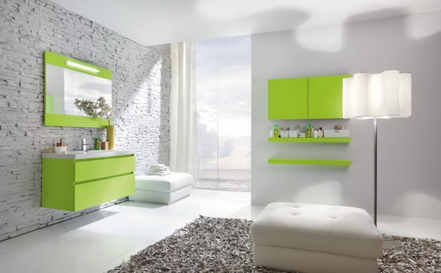 12 Striking Rugs That Will Embellish Your Bathroom bathroom vanity cabinets green 634x393 12 Striking Rugs That Will Embellish Your Bathroom