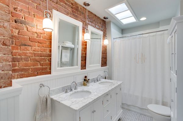 bathroom with exposed bricks 15 Fascinating Accent Brick Walls In The Interior Design That Will Elevate Your Creativity