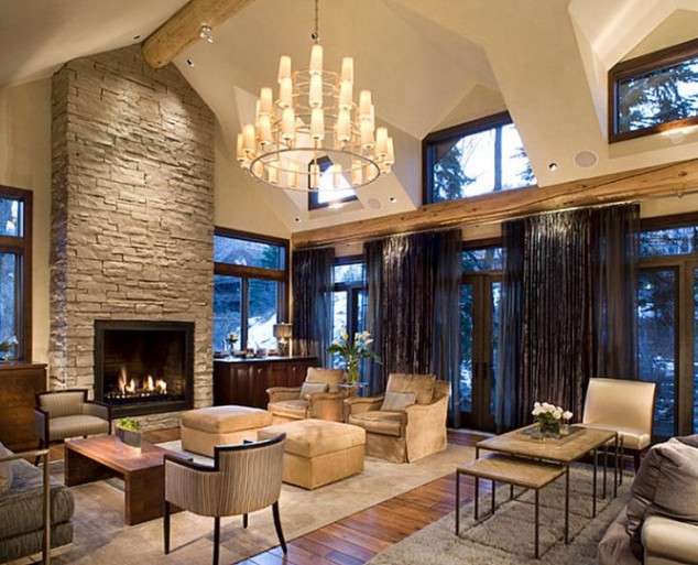 comfortable country living room design with stone fireplace and beautiful chandelier idea 730x591 634x513 14 Examples Of Sensational Stone And Tile Accent Walls In The Living Room