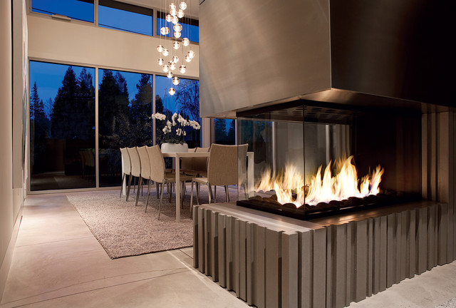 contemporary dining room 15 Ultra Modern Two Sided Fireplaces That Make A Real Wow Addition In Your Home